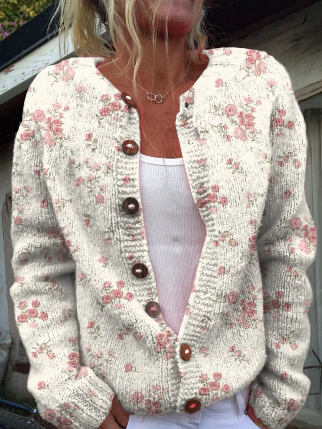 Angelika | Cardigan in Maglia con Motivo di Rose
