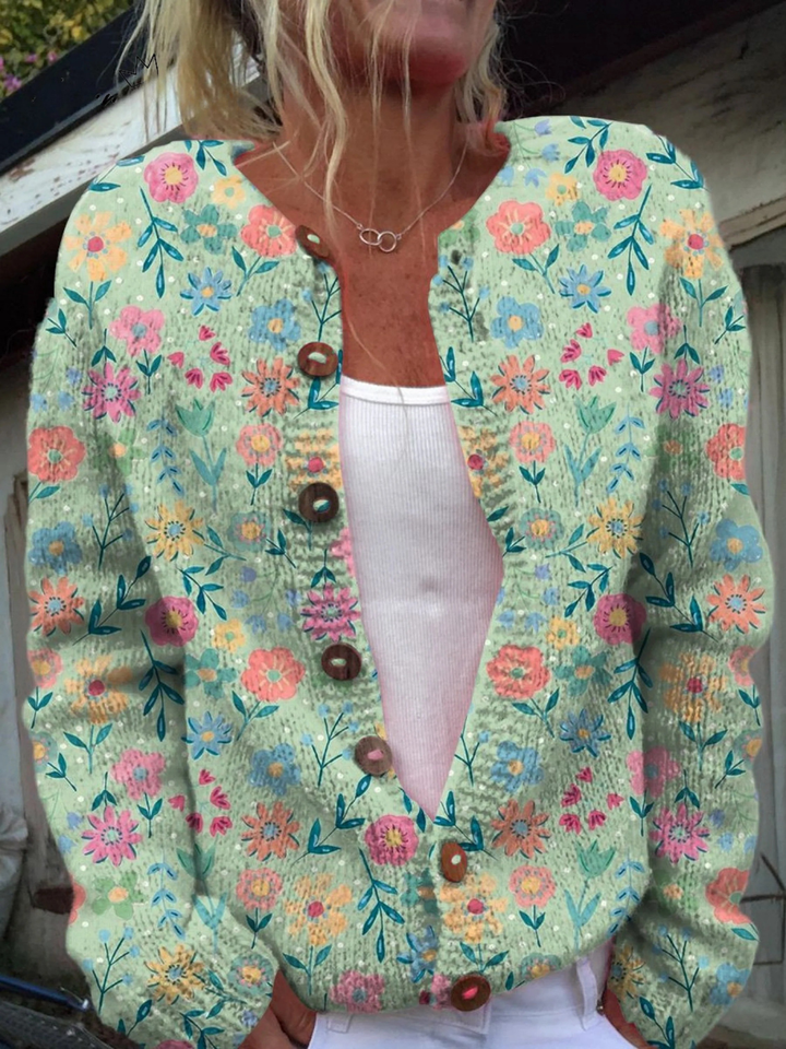 Verena | Cardigan floreale con bottoni in legno naturale