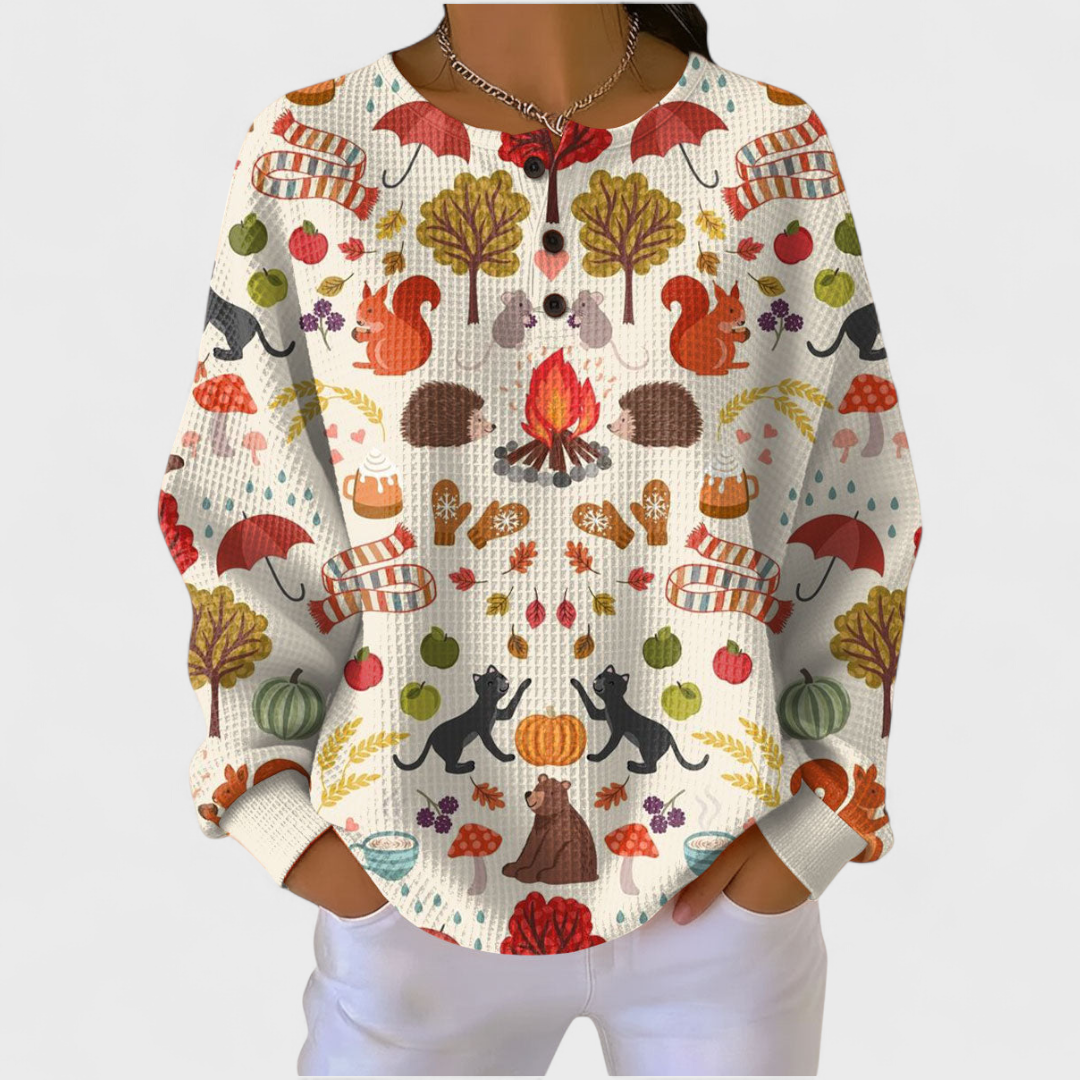 Alma - Maglione Crema con Motivo Autunnale Forestale