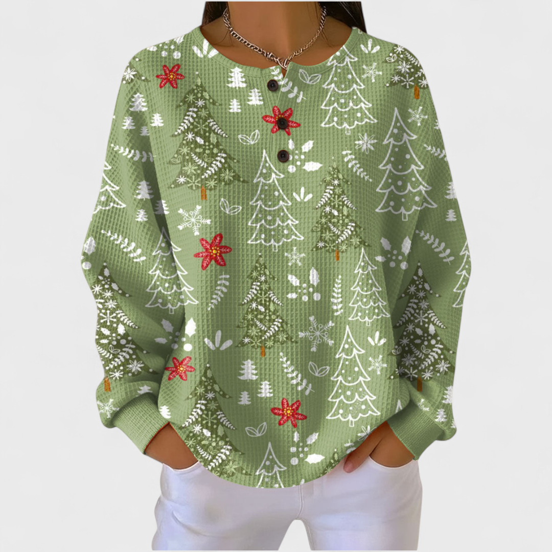 Ingrid - Maglione Verde con Design di Albero di Natale