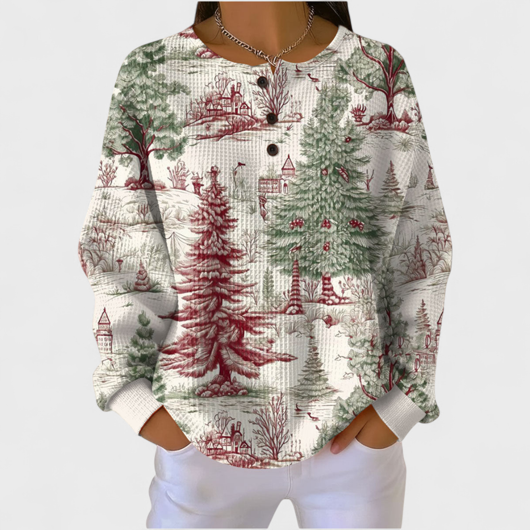 Louna - Crema Sweater with Winter Forest Pattern
