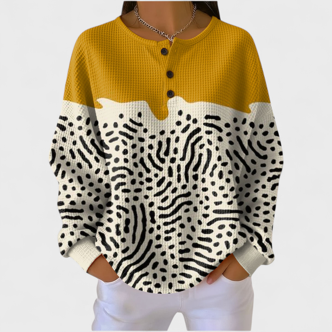 Liv - Pullover giallo e bianco con motivo animalier
