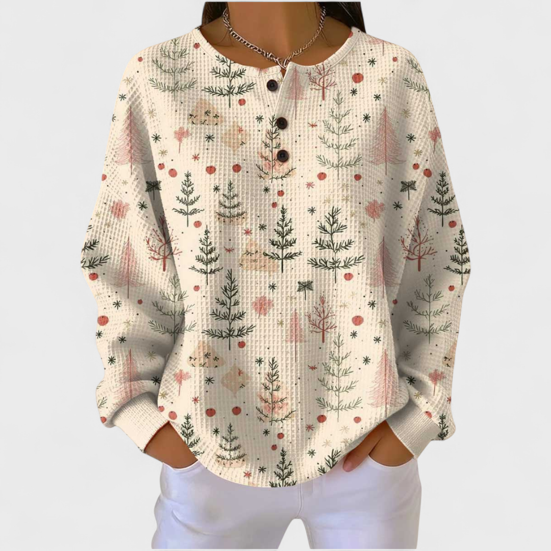 Mathilde - Maglione Crema con Elegante Motivo di Albero di Natale
