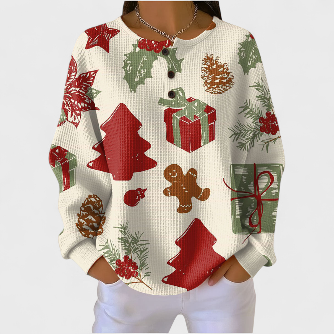 Olivia - Crema Sweater with Festive Christmas Patterns