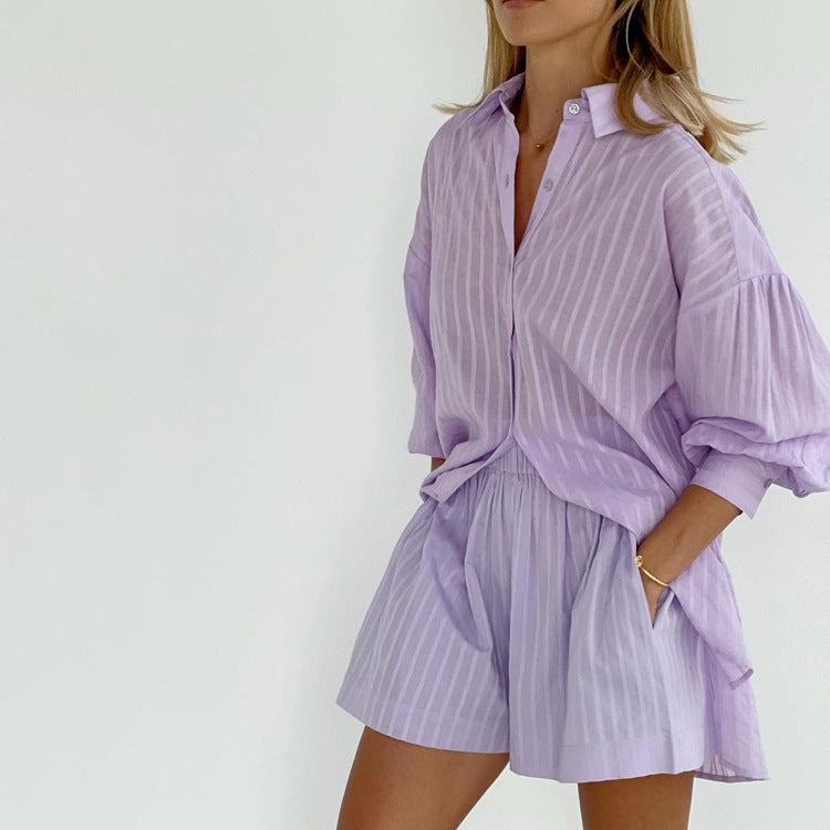 Viola - Set Completo con Camicia Bottonata e Pantaloni Corti Leggeri
